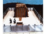 Model of Moses´ Tabernacle in the Wilderness, showing the Tabernacle within a courtyard of curtained walls, with the Altar of Burnt Offerings and the Laver for priests to wash their hands and feet.