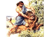 Samson seized the lion and tore it in pieces. Judges 14.6 (Painting by C.E.Brock)