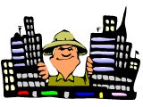 Missionary with pith helmet, in a city-scape